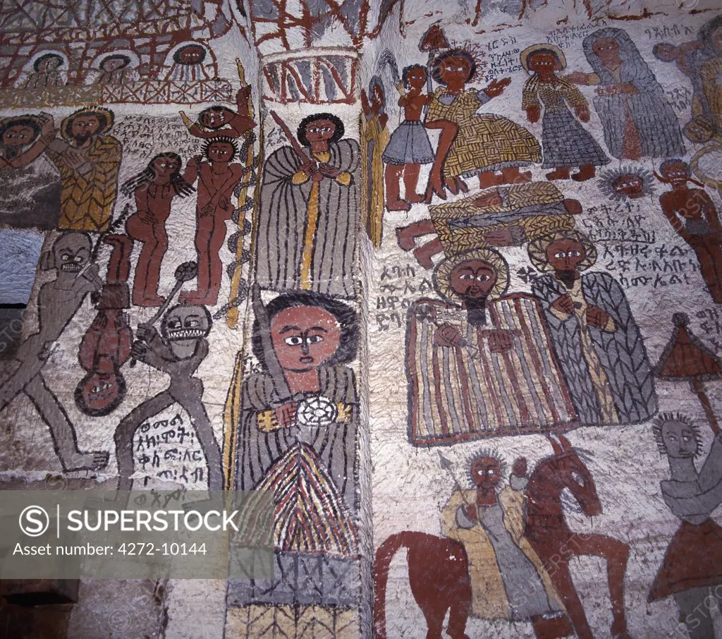 Fine murals decorate the interior of the rock hewn church of Yohannes Maequddi, a two hour walk from Degum on a plateau of the Gheralta Mountains east of Debretsion. The access to the church is along a narrow cleft between glaring sandstone.