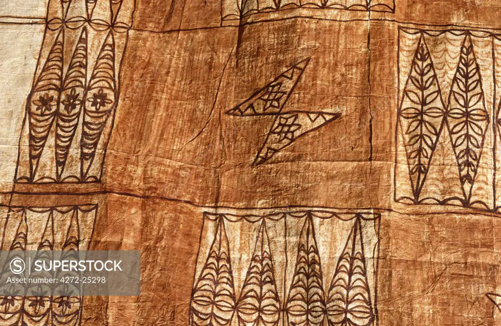 Pacific Islands, Kingdom of Tonga. Detail of design and motifs on Tapa Cloth. Bark cloth, or tapa, has been produced throughout the islands of the South Pacific--in both Polynesia and Melanesia. The people of Tonga, Tahiti, Fiji, Samoa and other islands have made bark cloth in distinctive styles for both functional and ceremonial purposes.