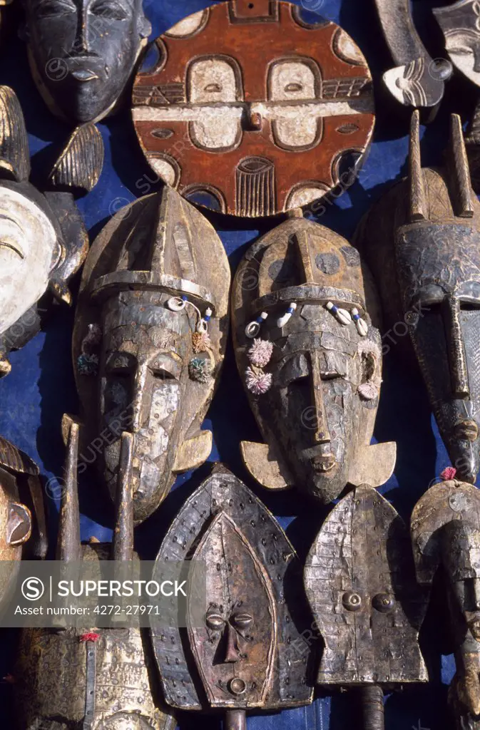 Carved wooden masks for sale in street market
