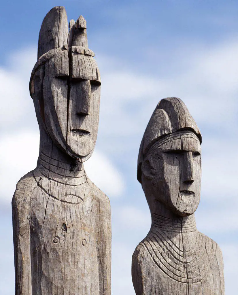 The Konso people of southwest Ethiopia worship the sky God, Waq, and place carved wooden effigies at prominent places to honour their illustrious ancestors. These eerie totems are often found grouped together.  They can depict a dead hero, his wives, his enemies slain in battle or dangerous animals he may have killed in his lifetime.