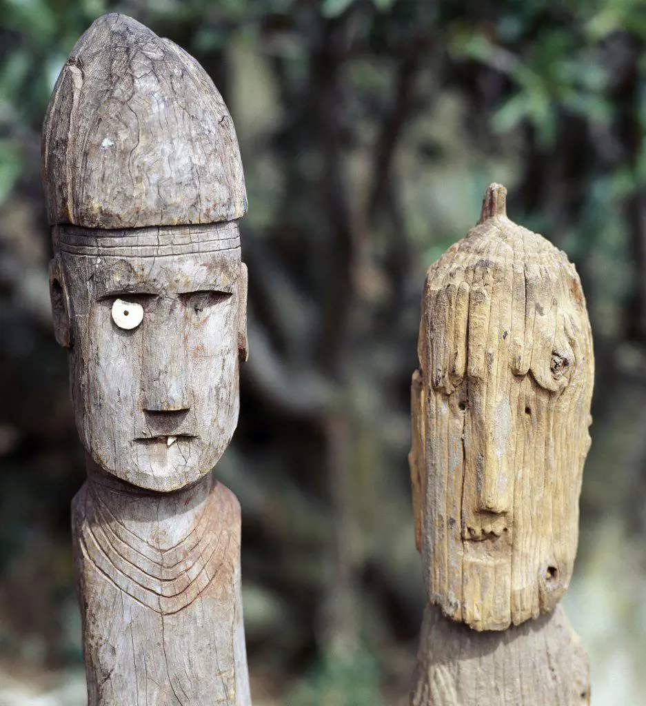 The Konso people of southwest Ethiopia worship the sky God, Waq, and place carved wooden effigies at prominent places to honour their illustrious ancestors. These eerie totems are often found grouped together.  They can depict a dead hero, his wives, his enemies slain in battle or dangerous animals he may have killed in his lifetime.