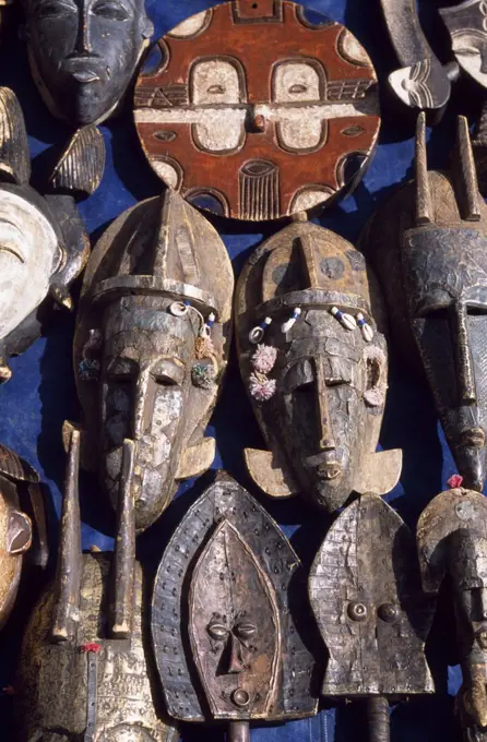 Carved wooden masks for sale in street market