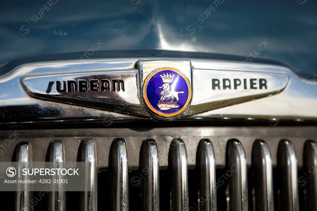 England, West Sussex, Goodwood. A close up view of a classic Sunbeam Rapier car at Goodwood revival.