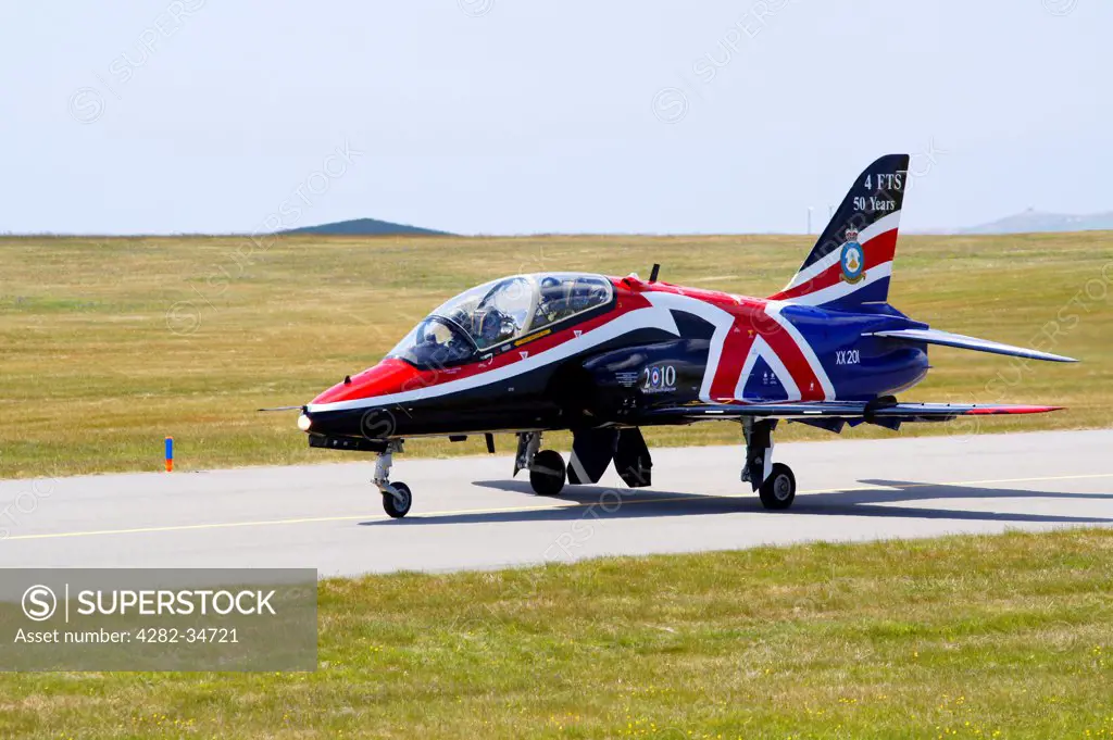 Wales, Anglesey, Valley. A Union Jack Hawk taxiing.