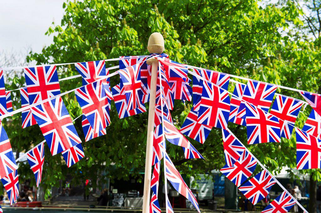 England, London, Little Venice. Patriotic bunting.
