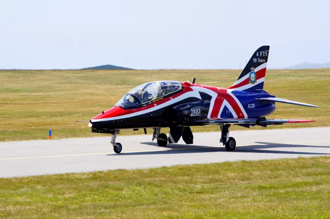 Wales, Anglesey, Valley. A Union Jack Hawk taxiing.