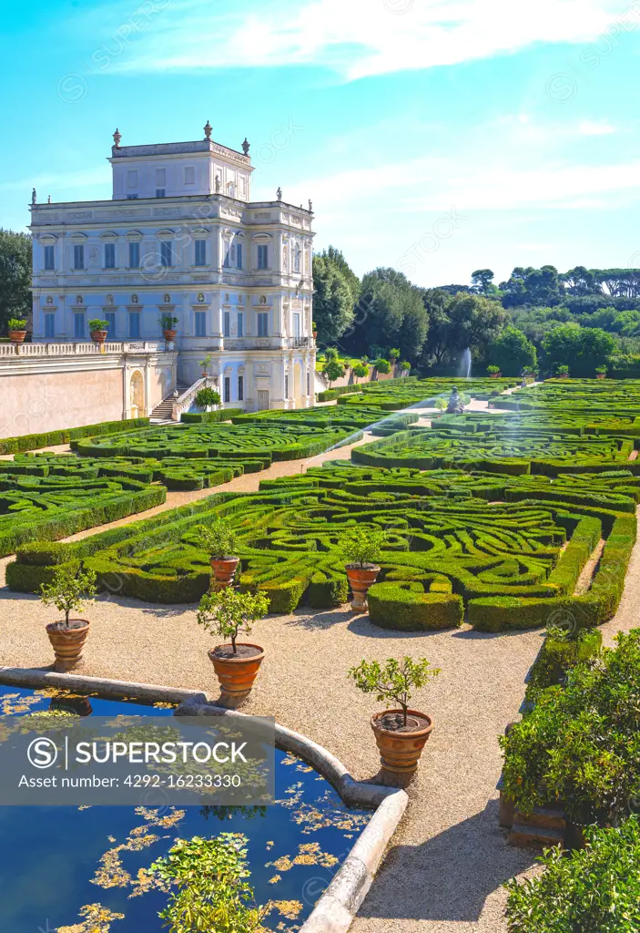 Italy, Rome, Villa Doria Pamphili, the Casino Del Bel Respiro palace with  the Secret Garden in the foreground - SuperStock