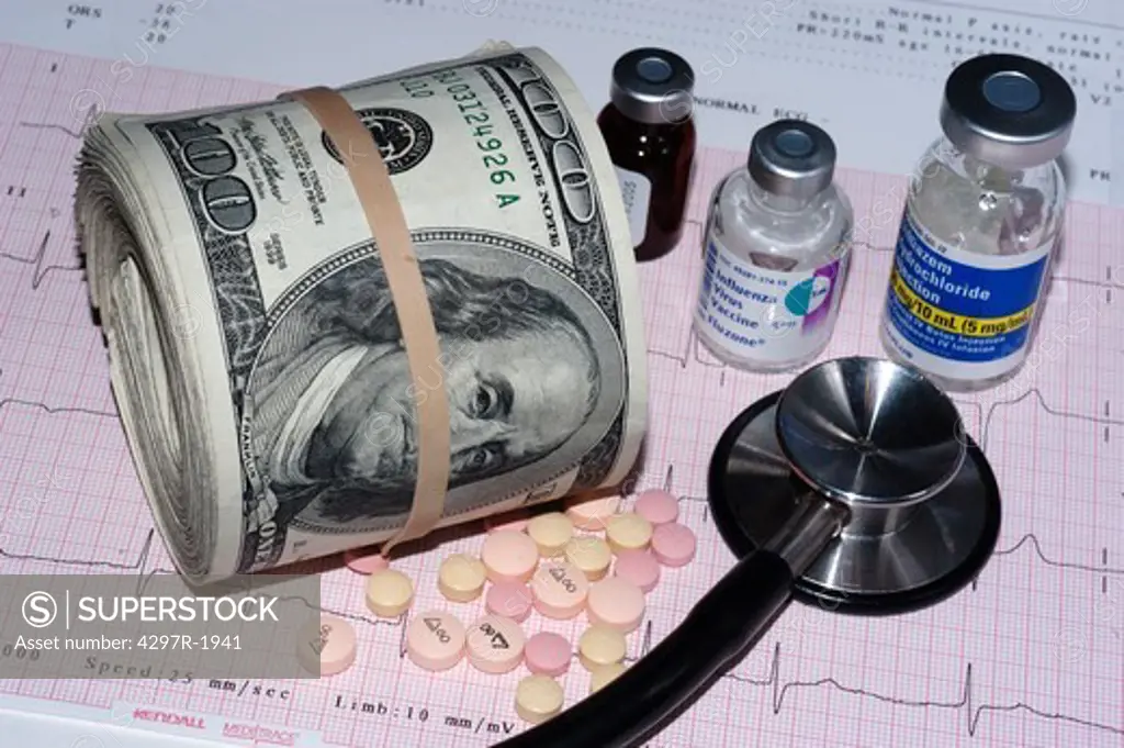 Stack of dollar bills and medications suggesting the rising costs of healthcare