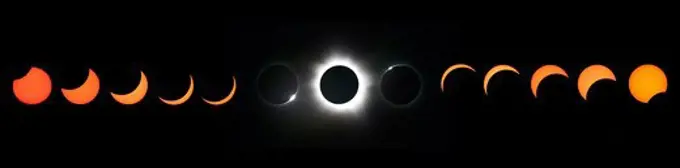 View of total solar eclipse sequence, with diamond-ring effect and phases of the eclipse. The phases of the Total Solar Eclipse of November 14, 2012, are seen in this composite photo, with totality, diamond ring effect, and partial phases.