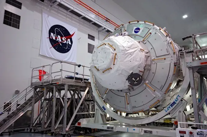 The Tranquility module for the International Space Station (ISS), also known as Node 3 and the subject of Stephen Colbert's naming petition on TV's The Colbert Report, is readied for launch inside the Space Station Processing Facility at Kennedy Space Center for launch on STS-130.