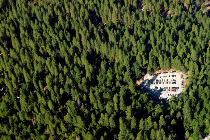High angle view of parking lot in the forest at Yosemite National Park, California, USA