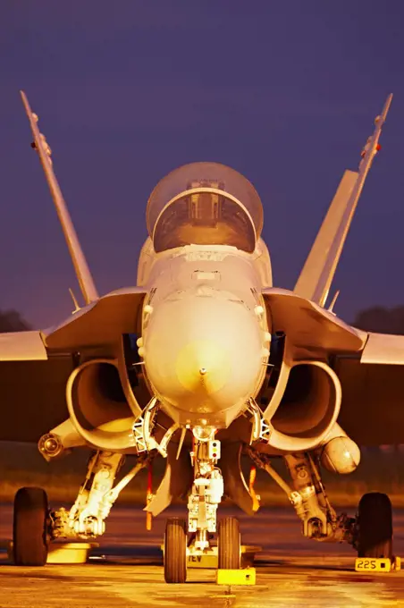 A head-on view of a United States Marine Corps F/A-18D Hornet at Kuantan Air Base, Malaysia.