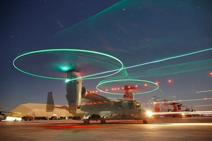 Nighttime view of a U.S. Marine Corps MV-22 Osprey taxiing out to launch at Camp Bastion, Helmand Province, Afghanistan.