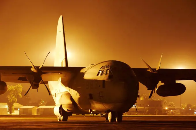 Malaysia, Kuantan Air Base, United States Marine Corps KC-130J Super Hercules on flight line during an international military training exercise