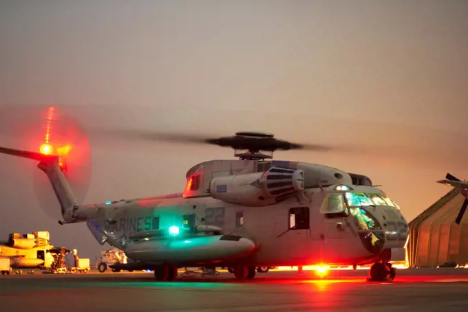 US Marine Corps CH-53D Sea Stallion prepares to launch from Al Asad Air Base, Iraq