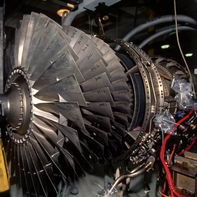 Detail of Turbine Blades of an Afterburning Turbofan Engine under Maintenance