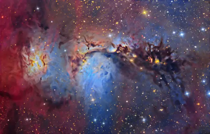 The M78 Nebula is located near the edge of Bernard's Loop in the consteallation Orion. It is a colorful combination of reflection and emission nebulas with a large dust cloud. Image made with an RCOS RC 14.5' telescope and SBIG STX 16803 CCD camera. Taken from Foresthill, CA. This is a two frame mosaic.