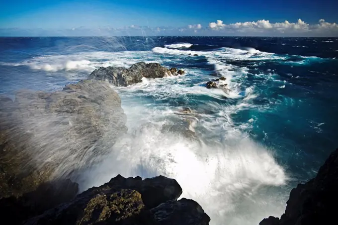 The strong rip tides and currents of Maui's shoreline are nothing to fool with. People get serious injured and lost at sea every year being careless. Spray can fly all the way up a lava cliff.
