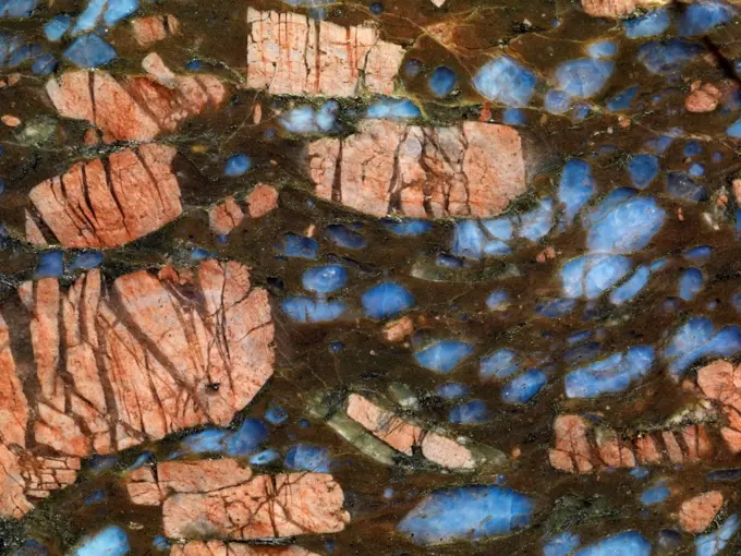 Blue opal in feldspar slab from Brazil.