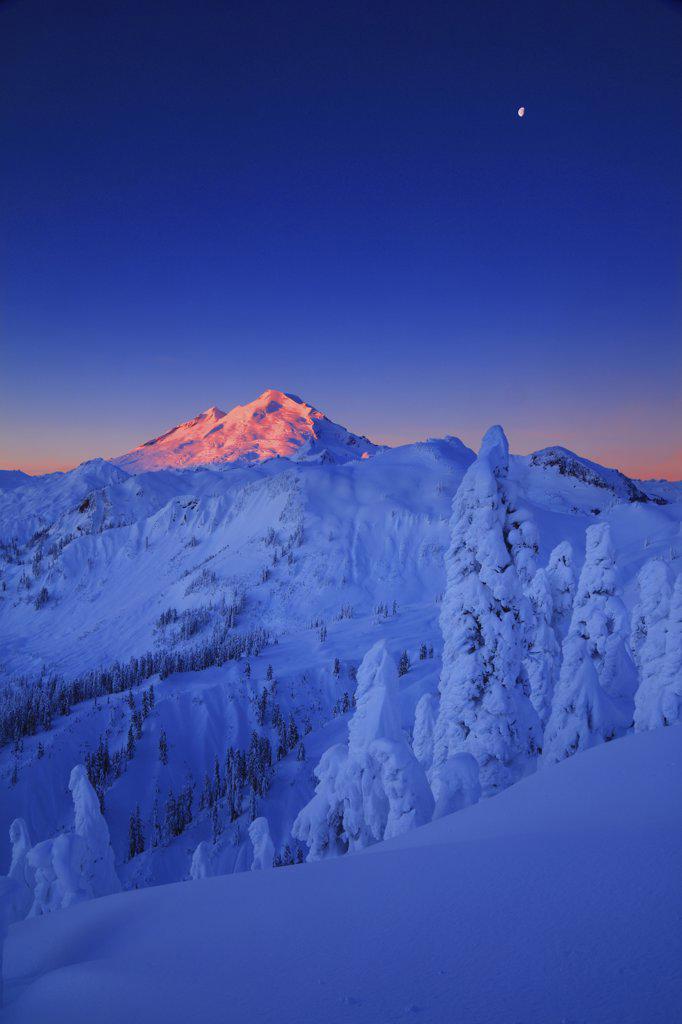 Winter Sunrise With Mt Baker and Moon From Artist Ridge in the Mt Baker National Recreation Area of Washington