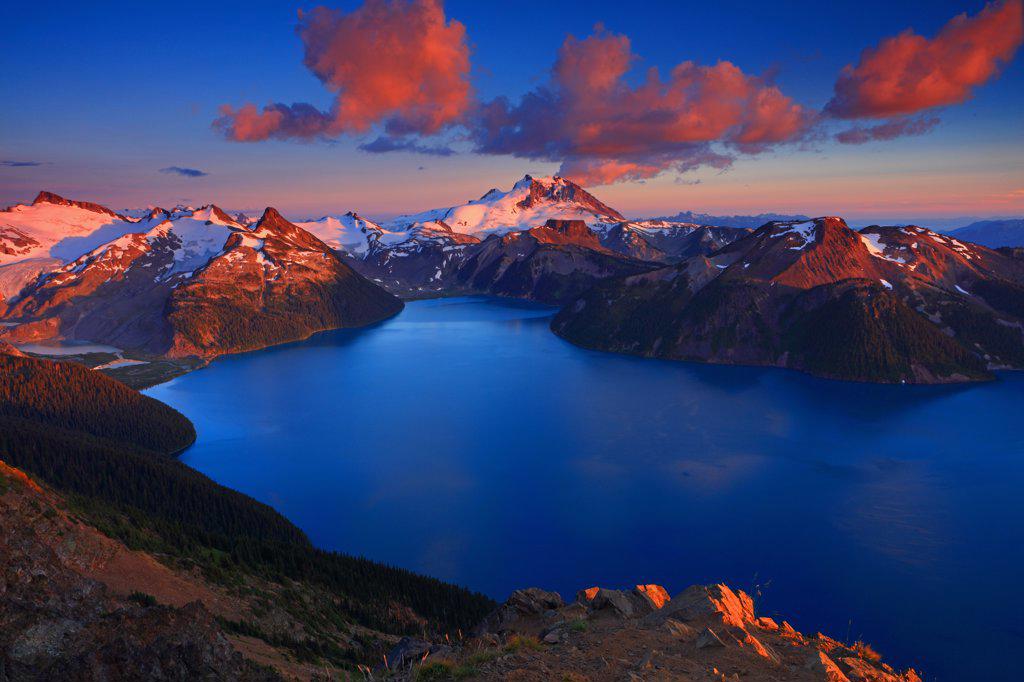 Sunset from Panarama Point Over Garibaldi Lake and Mt Garibaldi in Garibaldi Provincial Park in British Columbia Canada