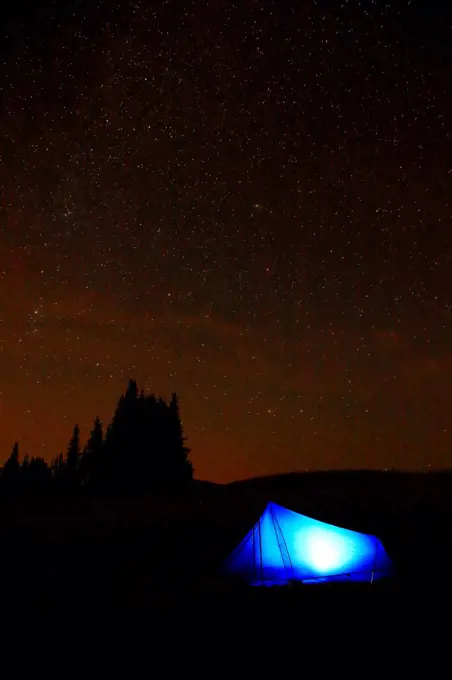 Stars over tent on Skyline Divide, Mt Baker Wilderness, Mt Baker-Snoqualmie National Forest, Washington State, USA