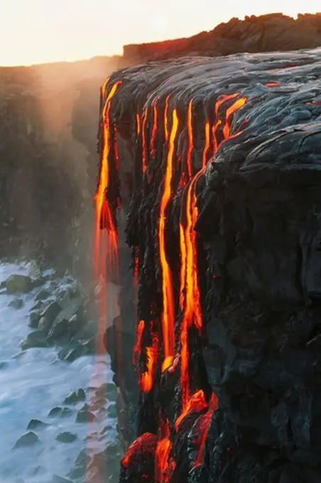 Streams of Lava Flow into the Pacific Ocean