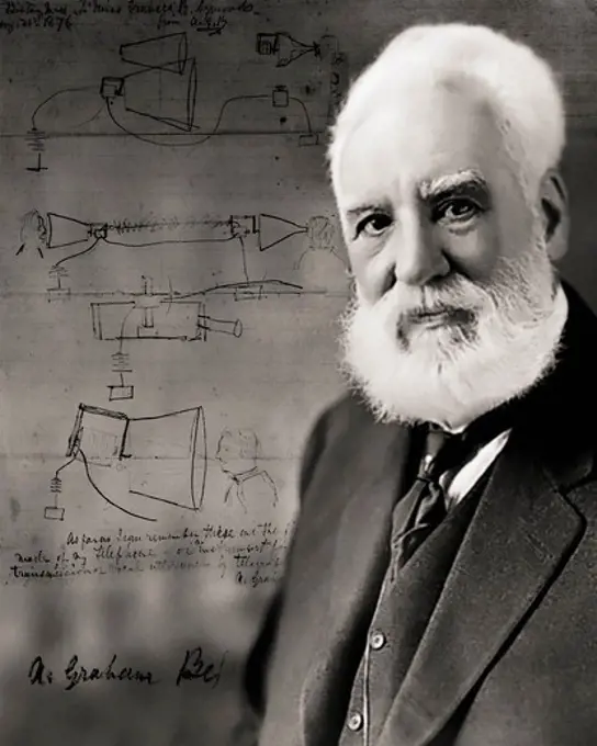 Photo Illustration of Alexander Graham Bell With Sketches of Early Inventions