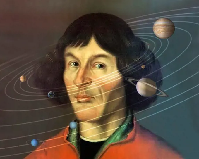 Photo Illustration of Nicolaus Copernicus at the Center of the Solar System