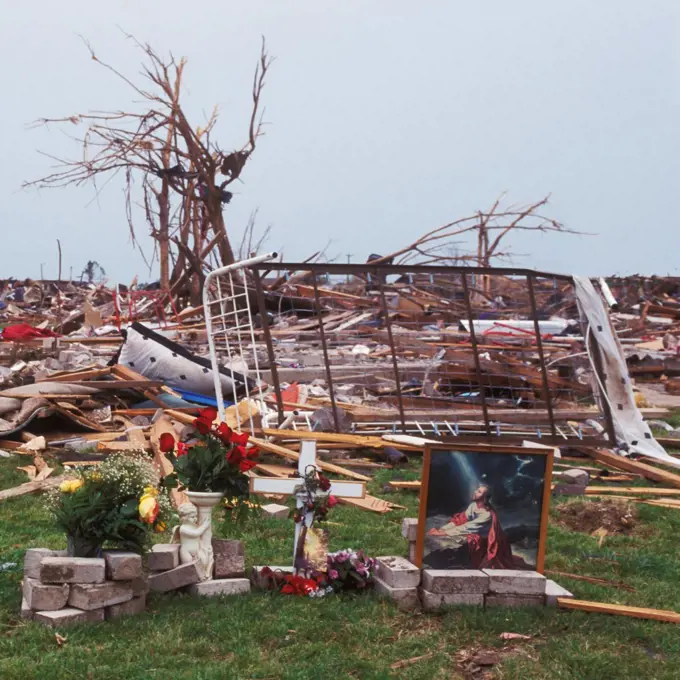 A Memorial to a Tornado Victim Built Among the Rubble