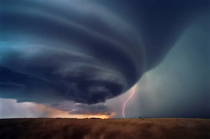 Cloud To Ground Lightning During a Sunset Supercell Thunderstorm