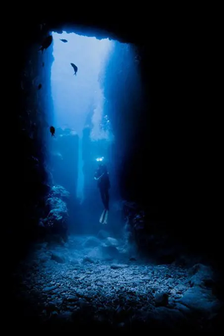 Diver in Volcanic Cave