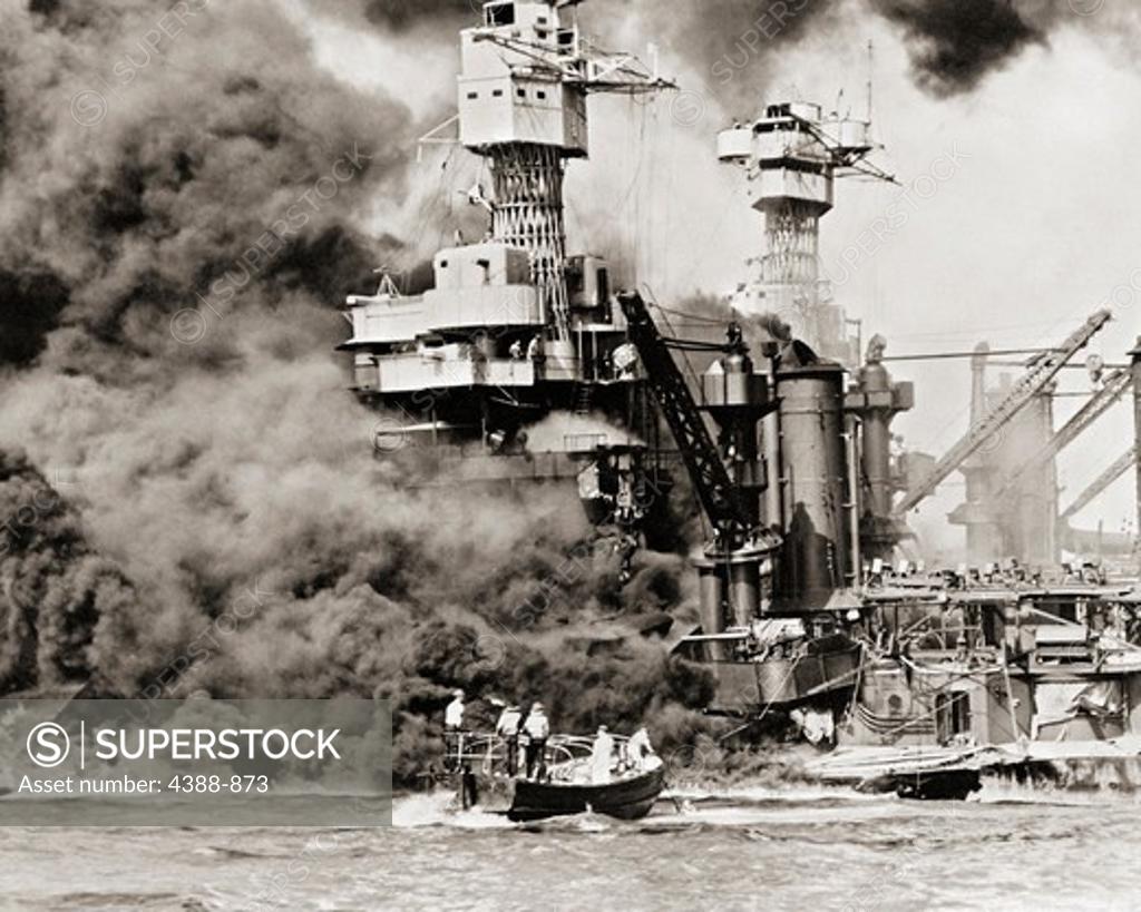 Stock Photo: 4388-873 USS West Virginia on Fire