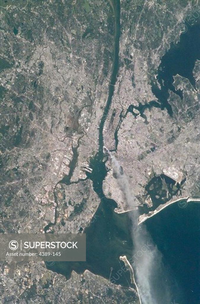 Stock Photo: 4389-145 View from Orbit of New York City on September 11, 2001 Showing Destruction of Terrorism