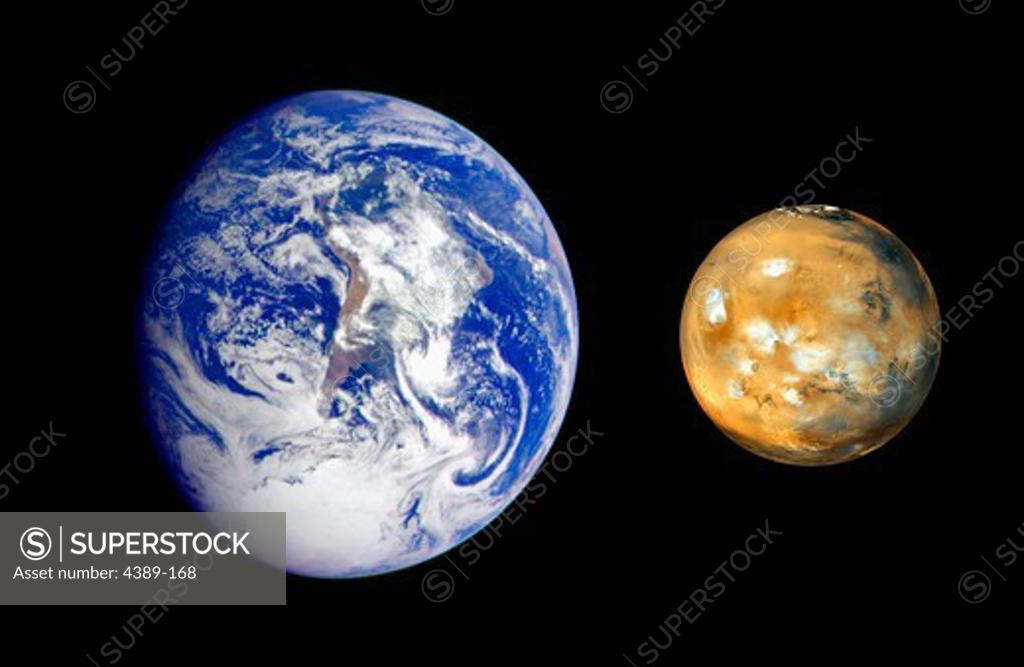 Stock Photo: 4389-168 Photo Illustration Comparing of the Sizes of Earth and Mars from Galileo and Mars Global Surveyor