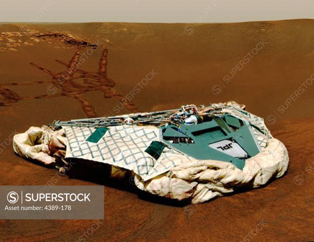 Stock Photo: 4389-178 Mars Exploration Rover Opportunity's Empty Nest on Mars