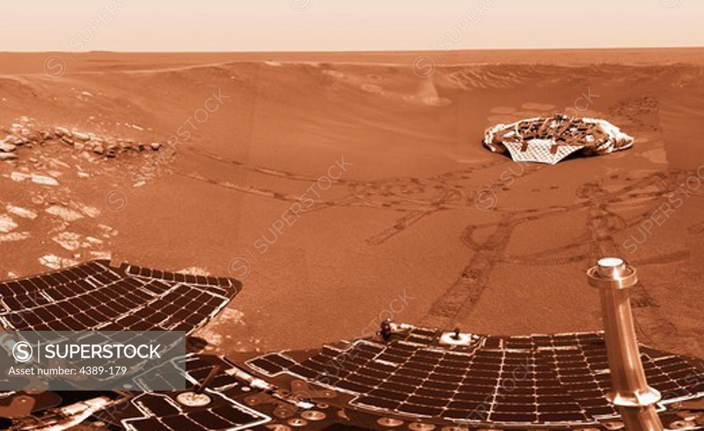 Stock Photo: 4389-179 Mars Exploration Rover Opportunity's Solar Panels and Landing Platform, Mars