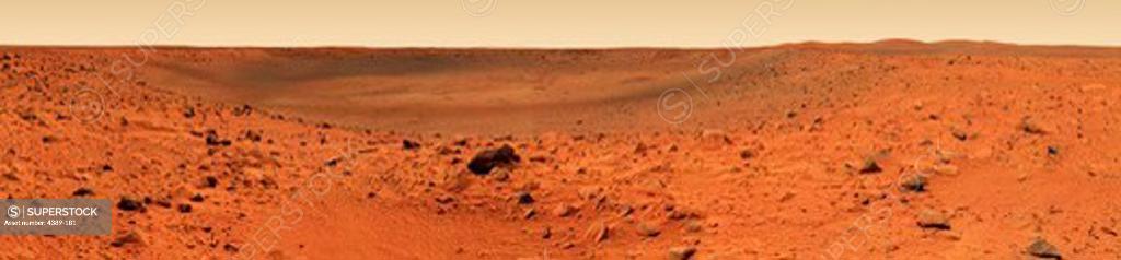 Stock Photo: 4389-181 Photo Mosaic 180 Degree Panorama of Bonneville Crater, Mars from Spirit Rover