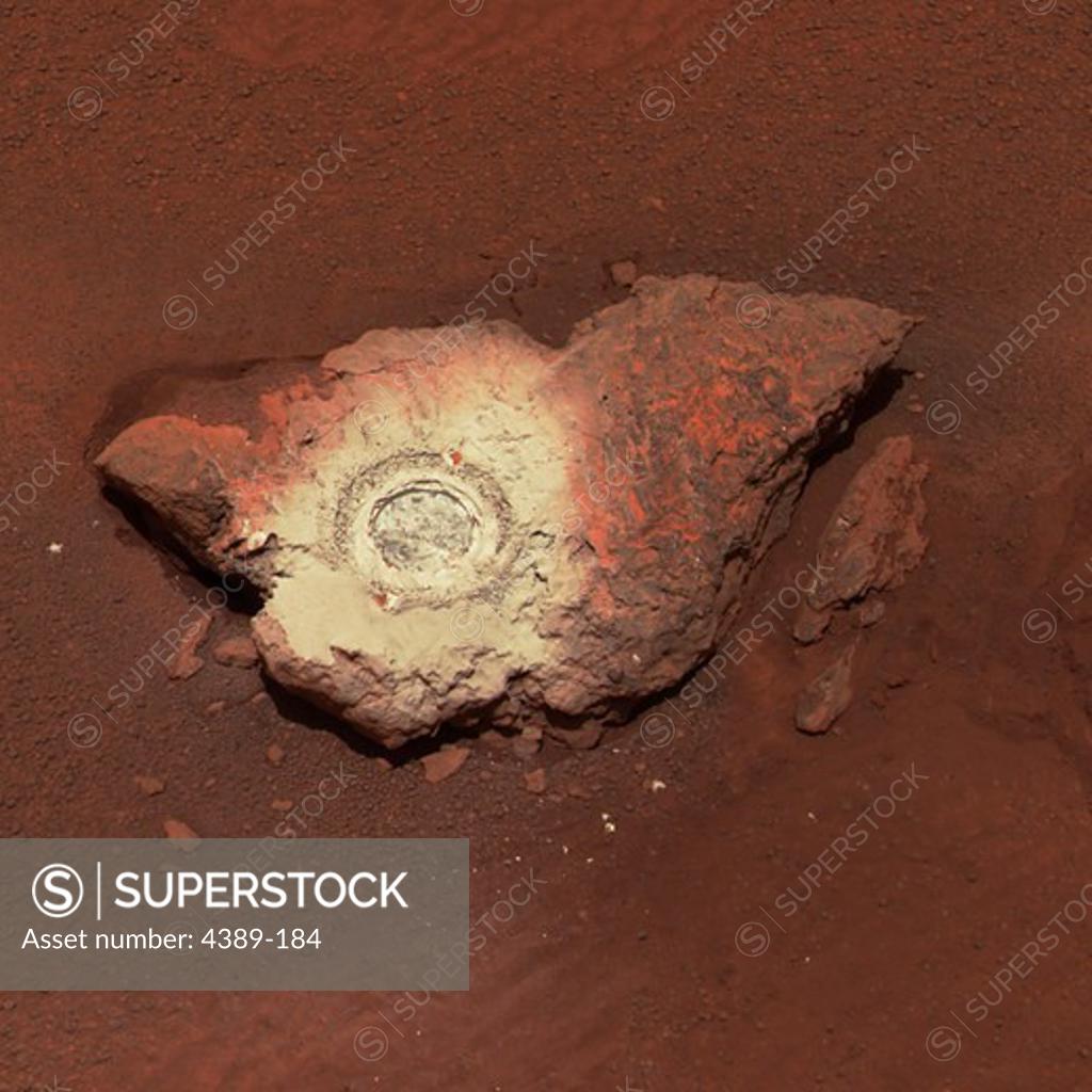 Stock Photo: 4389-184 Rock Drilled by Mars Exploration Rover Opportunity, Mars