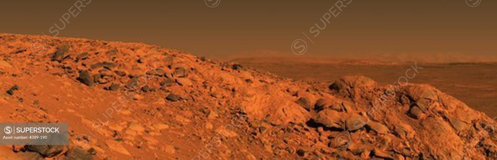 Stock Photo: 4389-190 Panorama of Gusev Crater and 'Longhorn' Outcropping Taken by Mars Exploration Rover Spirit, Mars