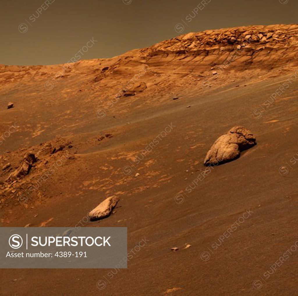 Stock Photo: 4389-191 Lumpy Rock Dubbed 'Wopmay' and Dune, Mars, From Rover Opportunity