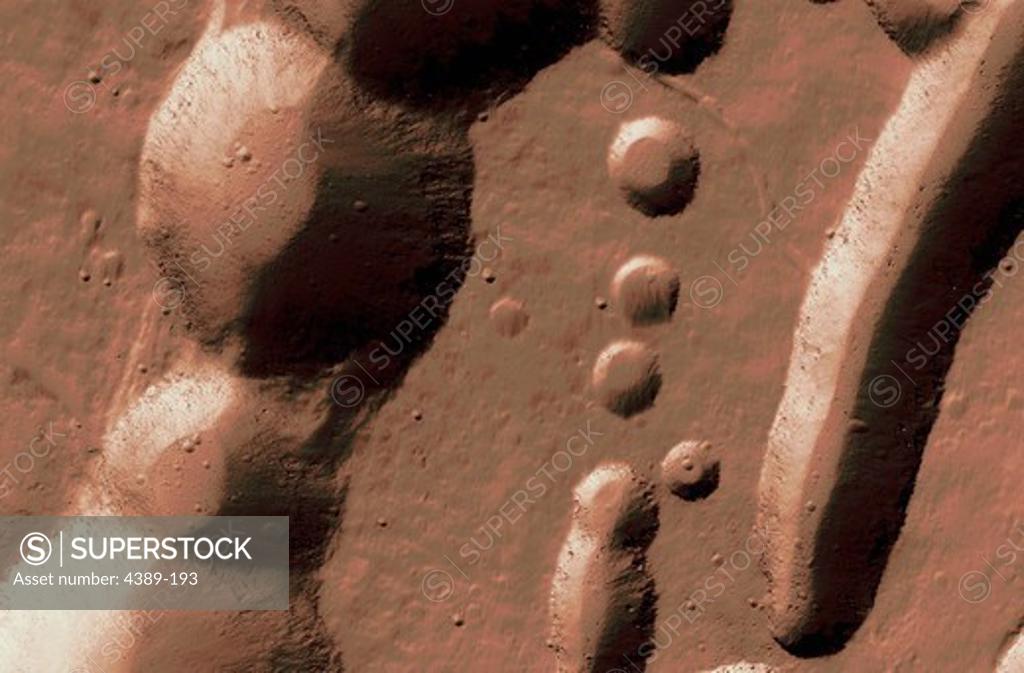 Stock Photo: 4389-193 Detail of Geology of Ascraeus Mons From Orbit, Mars, Seen by Mars Global Surveyor