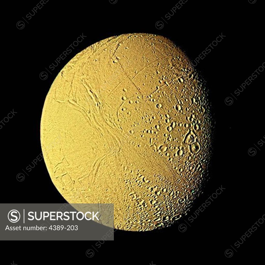 Stock Photo: 4389-203 Saturn's Moon Enceladus by Voyager 2