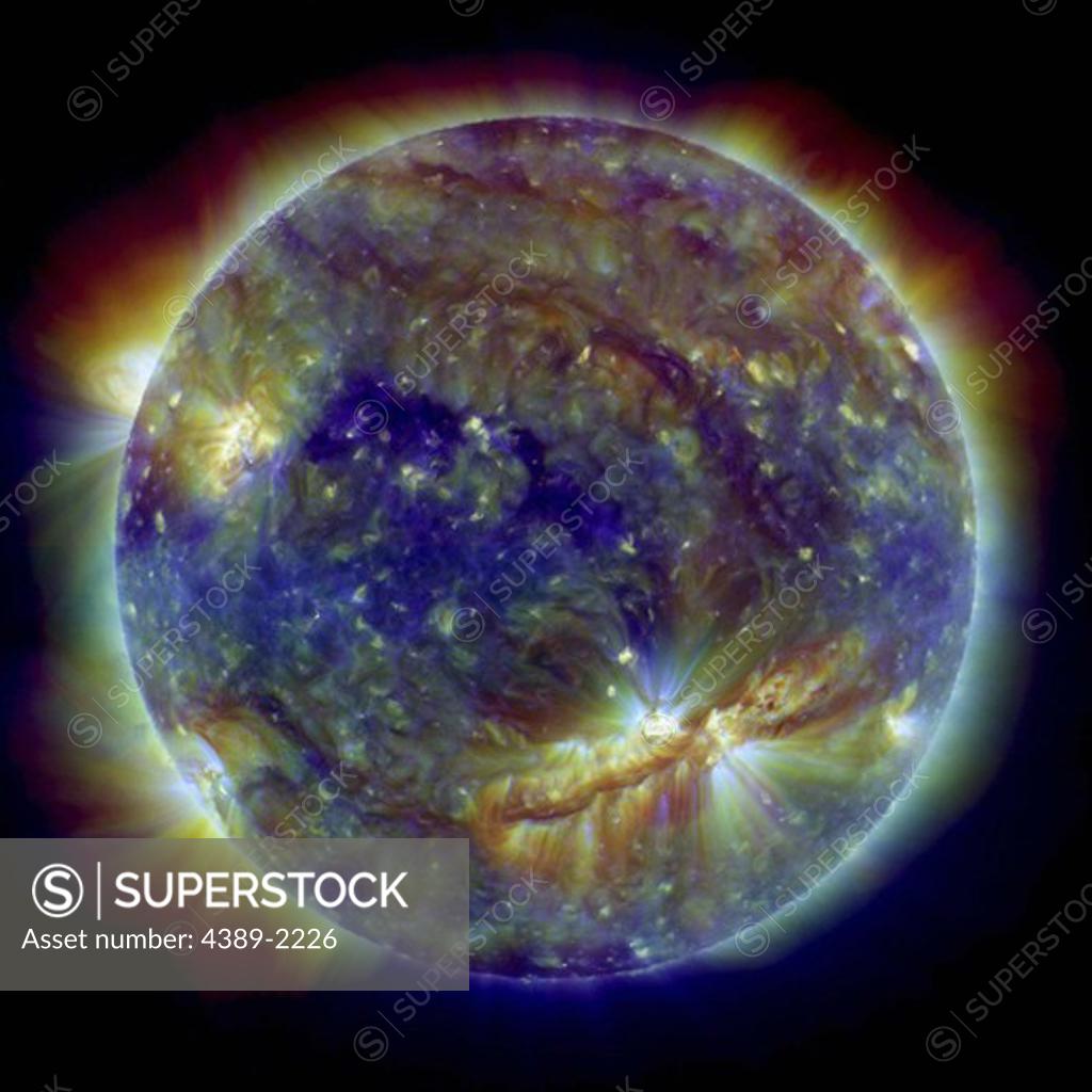Stock Photo: 4389-2226 Sunspot and Solar Flare in Ultraviolet Light