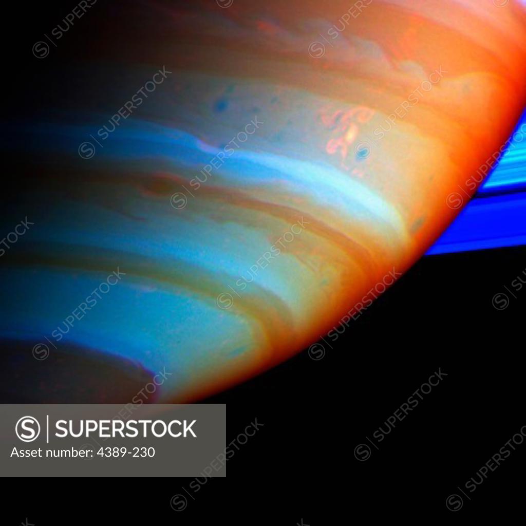 Stock Photo: 4389-230 False Color View of Saturn's Storms Seen by Cassini