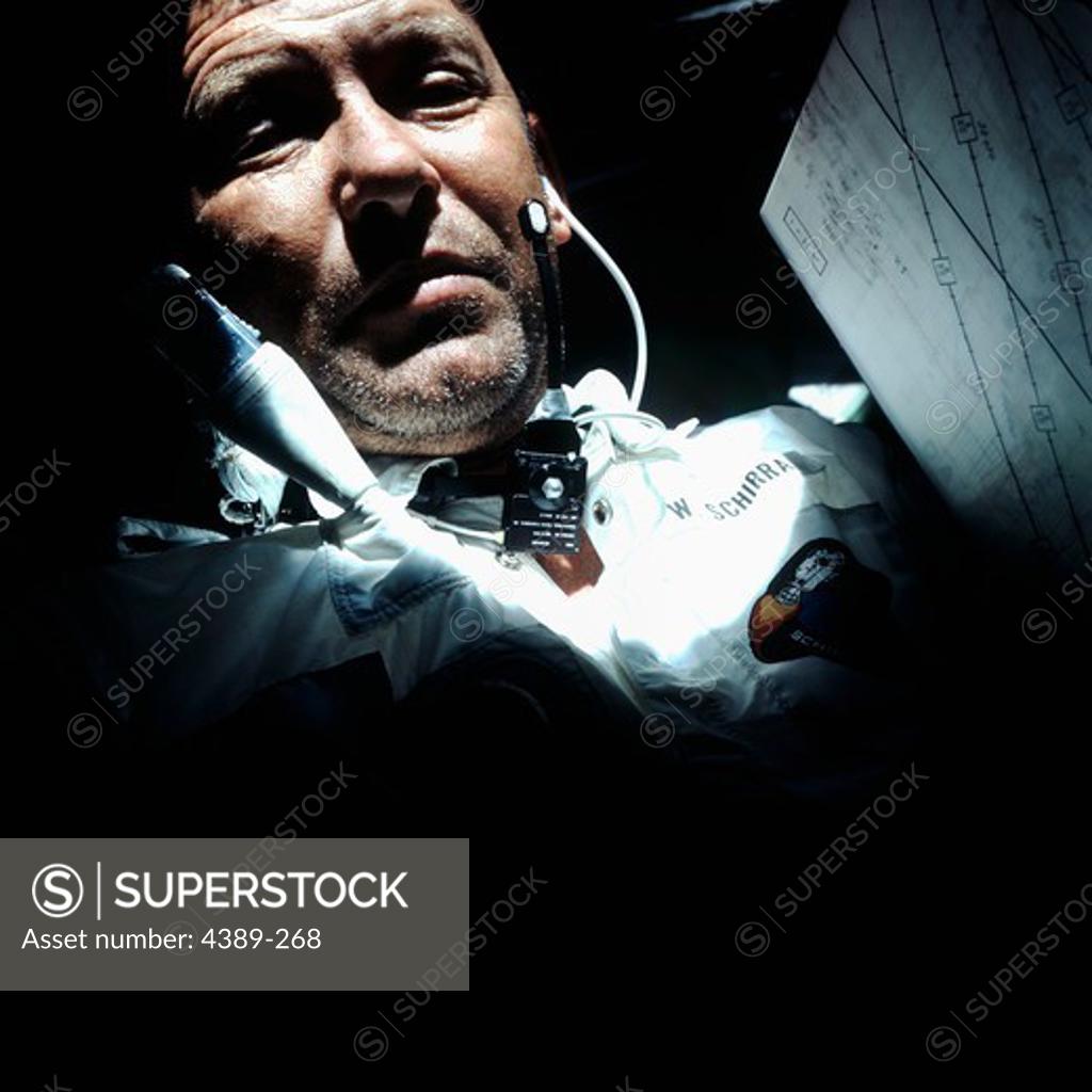 Stock Photo: 4389-268 A Weary Astronaut Wally Schirra Aboard Apollo 7