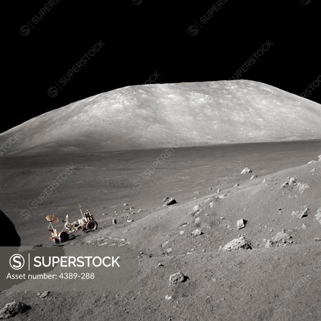 Stock Photo: 4389-288 The Apollo 17 Lunar Rover is Dwarfed by the Taurus-Littrow Valley