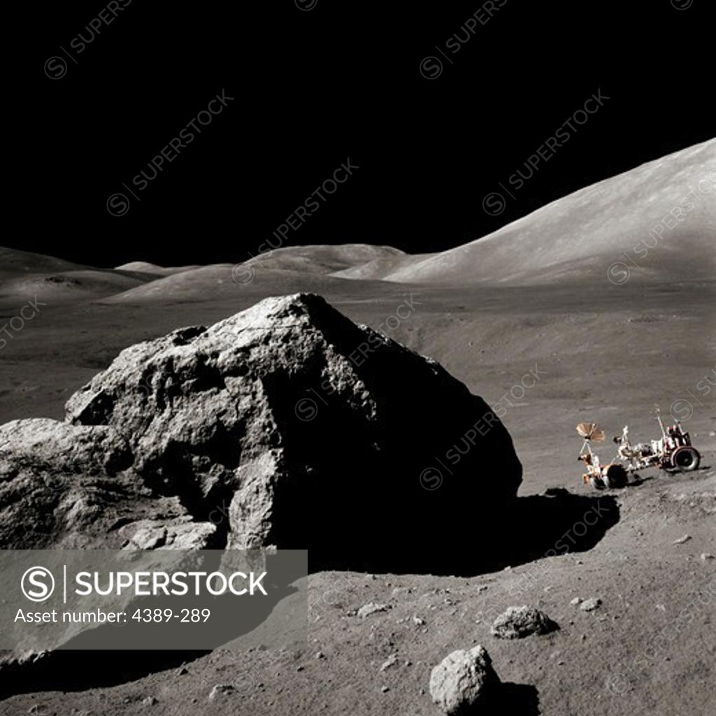 Stock Photo: 4389-289 The Apollo 17 Lunar Rover is Dwarfed by the Taurus-Littrow Valley
