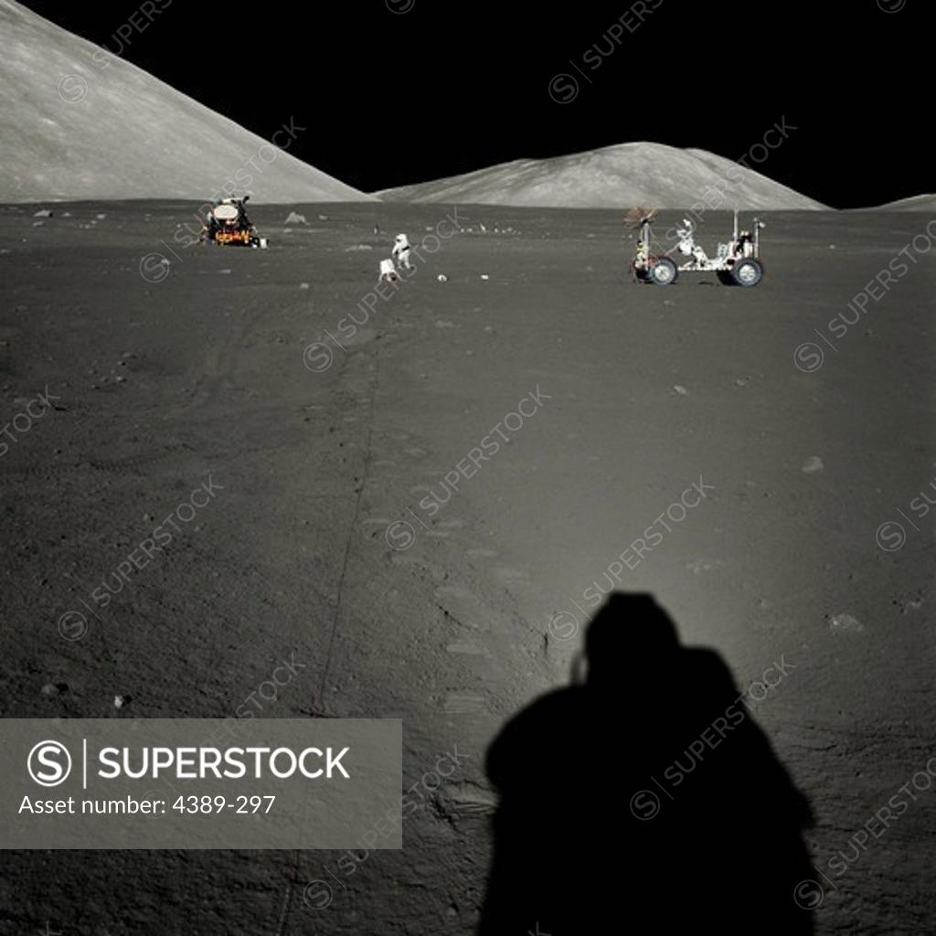 Stock Photo: 4389-297 An Astronauts Shadow Reaches Towards Apollo 17 Base Camp