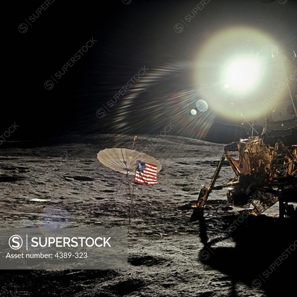 Stock Photo: 4389-323 The Harsh Sun Shines Brightly Over Apollo 14 Lunar Module Antares